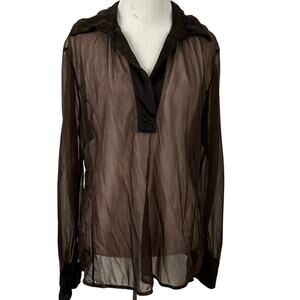 Janet Howard Sheer Grunge Minimalist Blouse Top Women Long Sleeve Brown Large